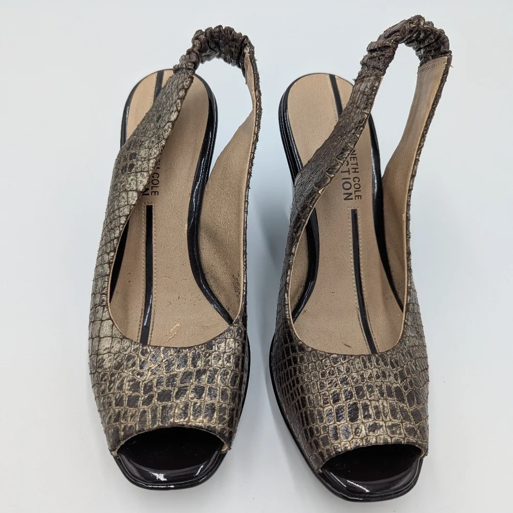 Kenneth Cole Leather Snakeprint Wedge Sandals Slingback 7M Minimalist Retro